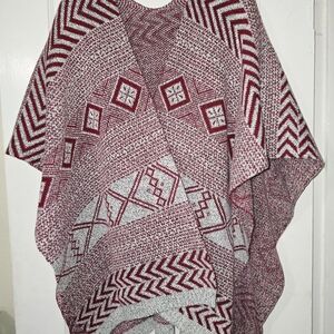 Red and White Geometric Patterned Poncho